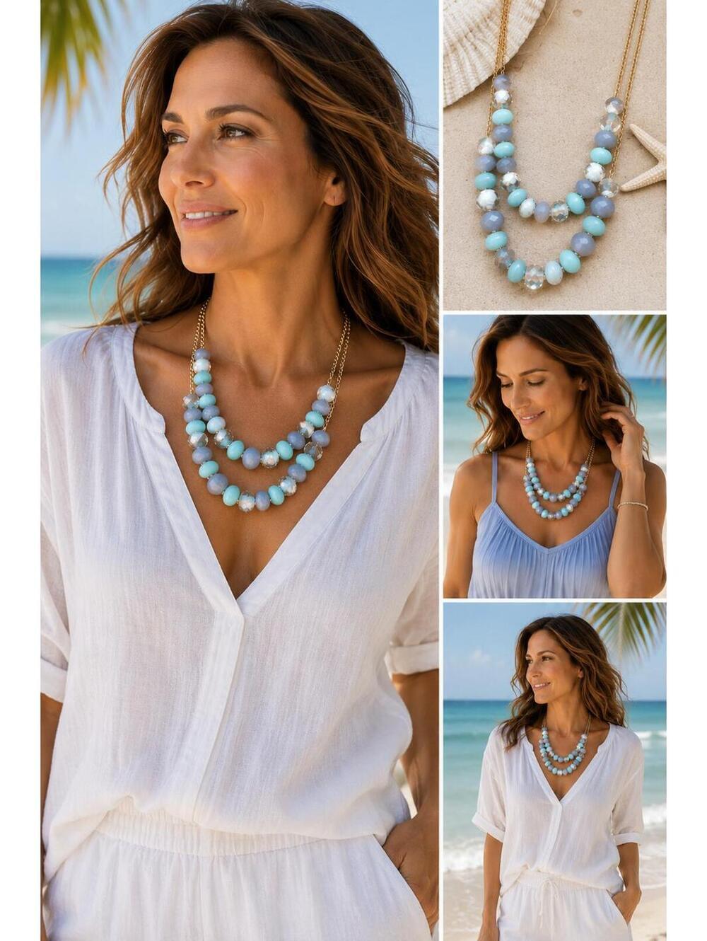 LOFT Beaded Necklace Aqua Gray Gold Chain